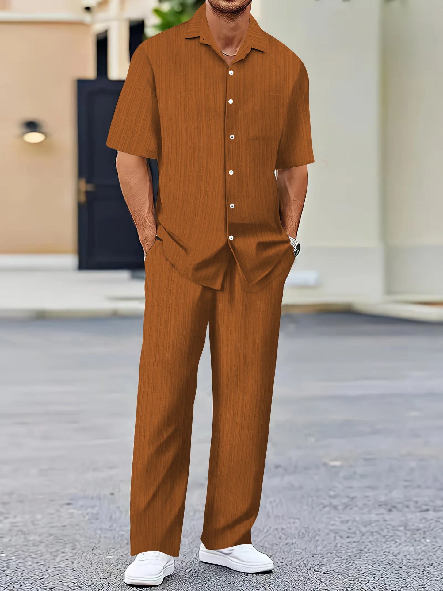 Men's casual loose beach suit solid color striped short-sleeved trousers two-piece Southeast Asian shirt