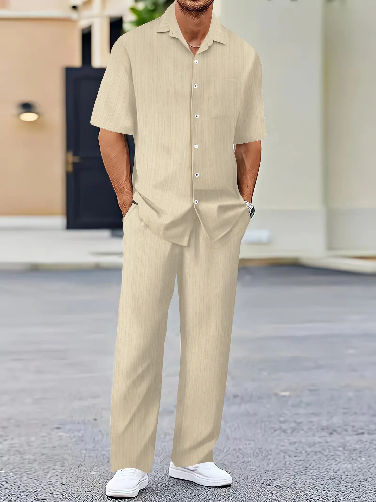 Men's casual loose beach suit solid color striped short-sleeved trousers two-piece Southeast Asian shirt