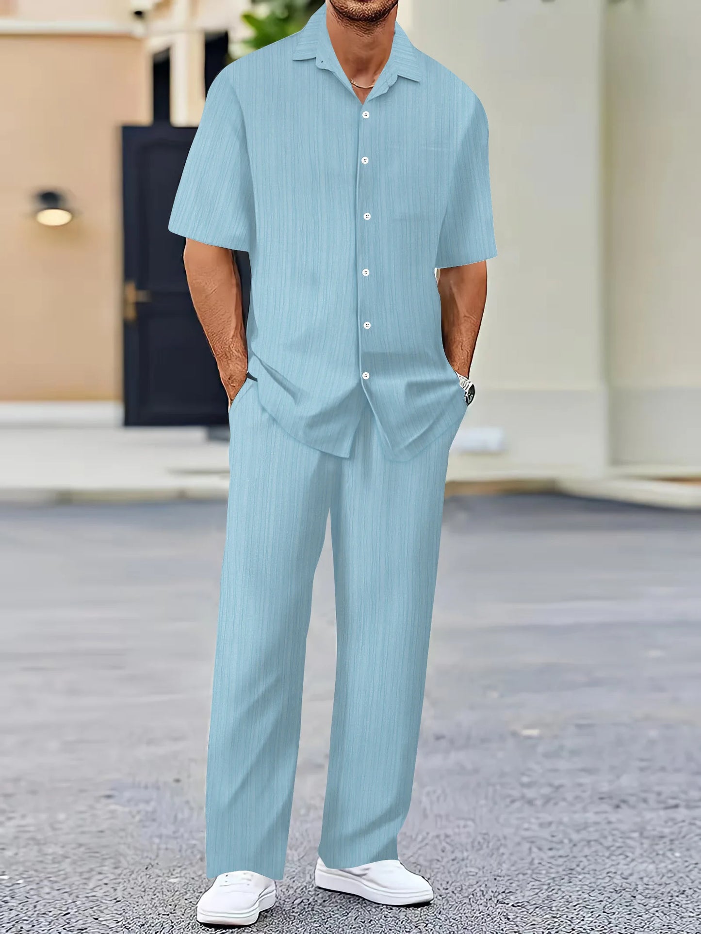 Men's casual loose beach suit solid color striped short-sleeved trousers two-piece Southeast Asian shirt