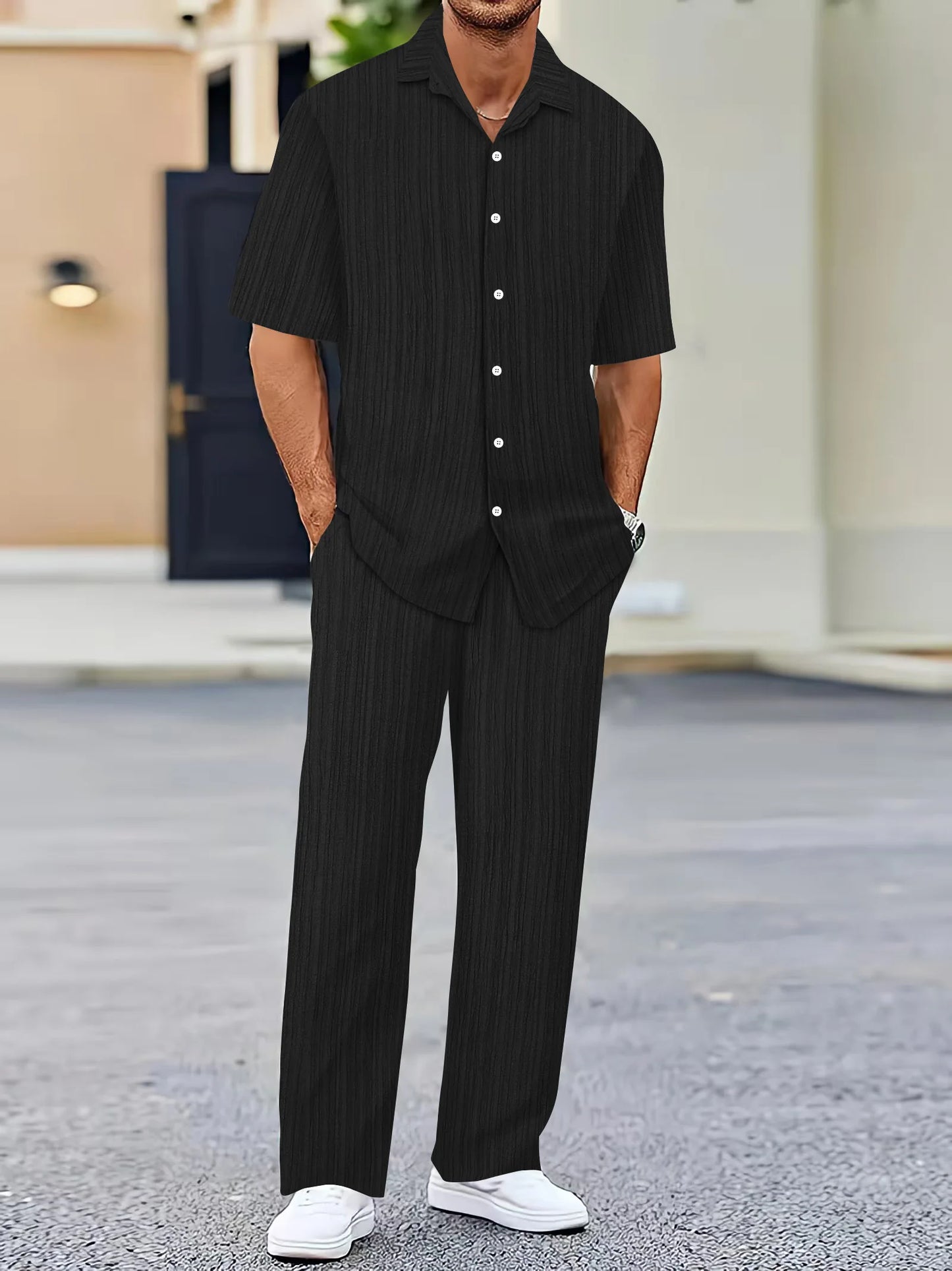 Men's casual loose beach suit solid color striped short-sleeved trousers two-piece Southeast Asian shirt