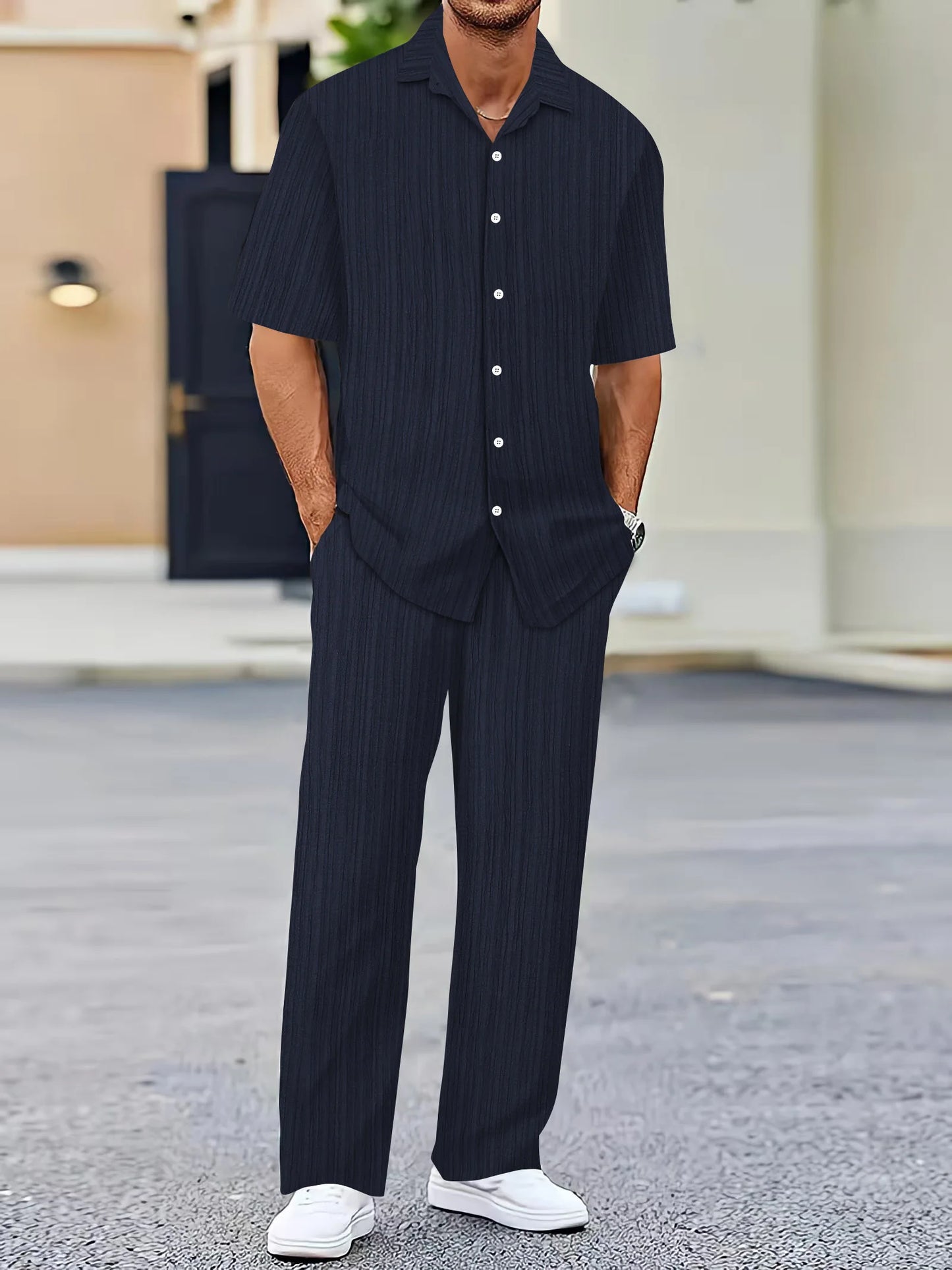 Men's casual loose beach suit solid color striped short-sleeved trousers two-piece Southeast Asian shirt