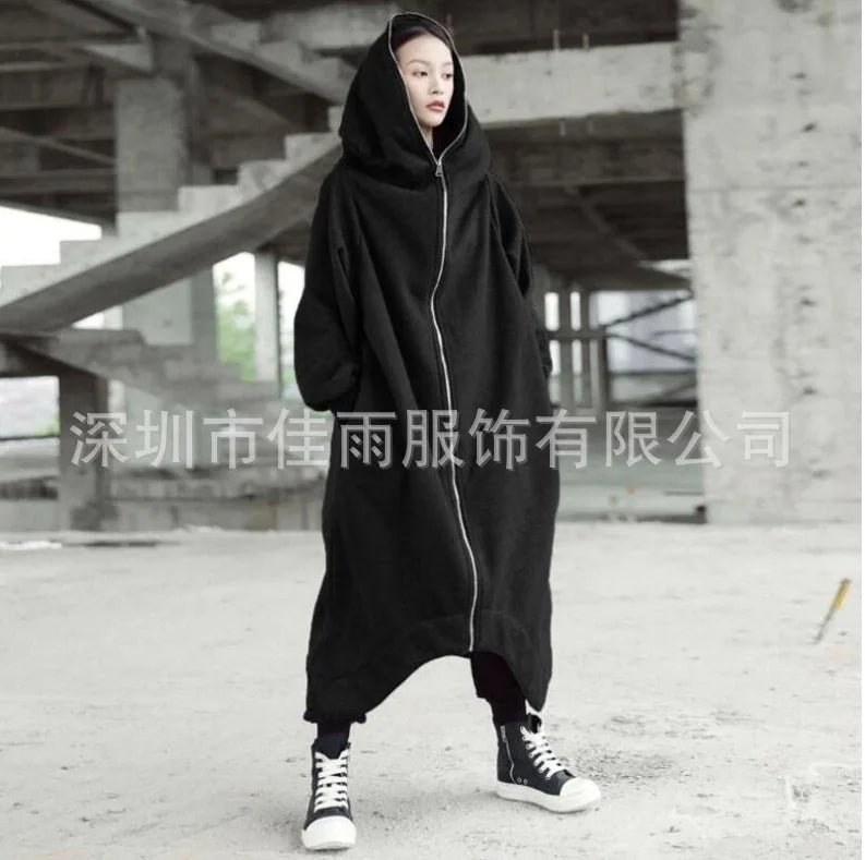 Oversized S-5XL Women Loose Add Velvet Hooded Coats Autumn Winter Long Lantern Sleeve Solid Zip Up X-Long Sweatshirt Overcoats