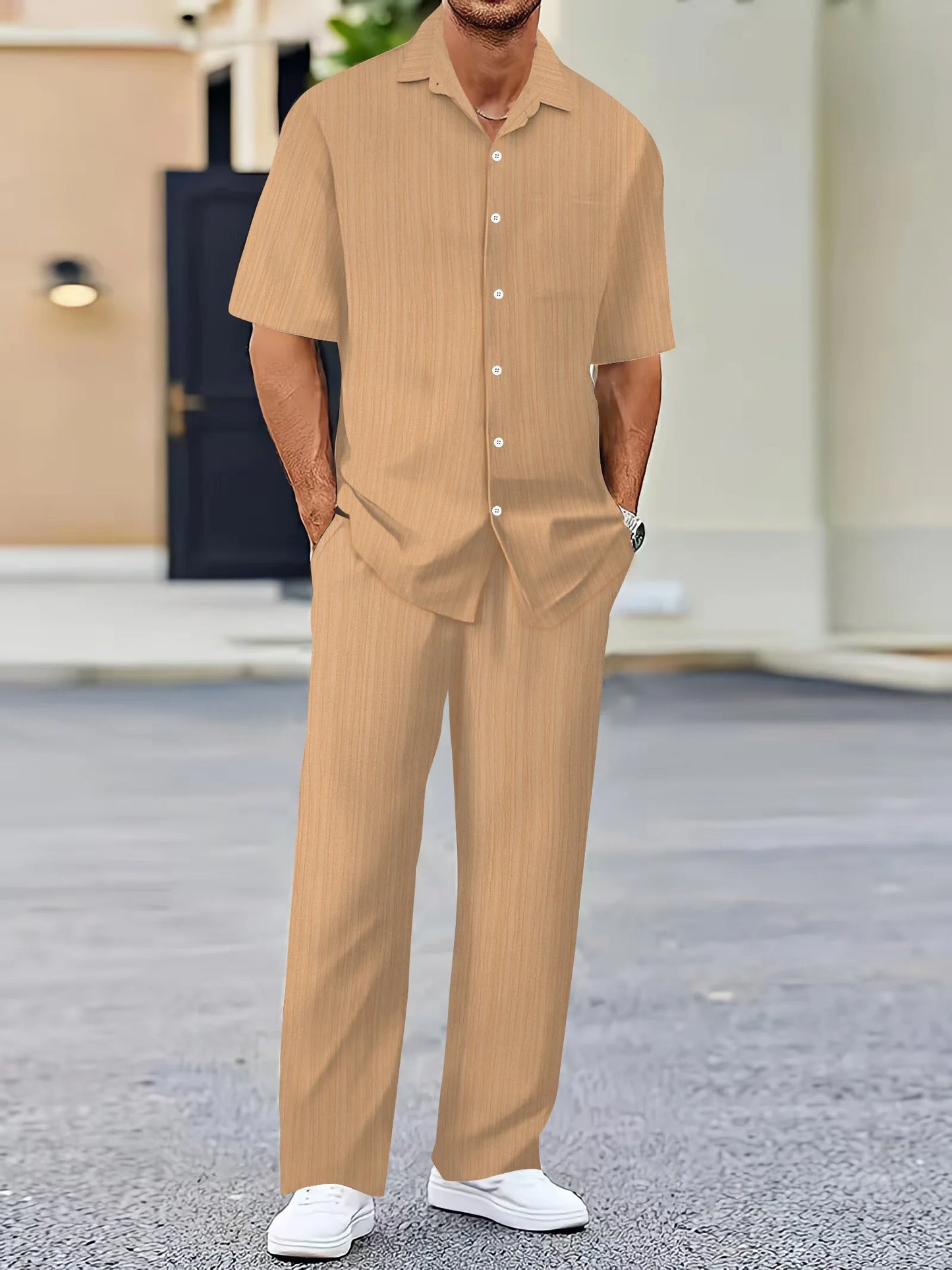 Men's casual loose beach suit solid color striped short-sleeved trousers two-piece Southeast Asian shirt