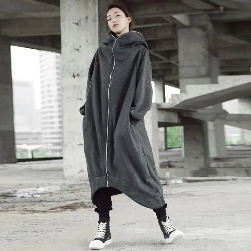 Oversized S-5XL Women Loose Add Velvet Hooded Coats Autumn Winter Long Lantern Sleeve Solid Zip Up X-Long Sweatshirt Overcoats