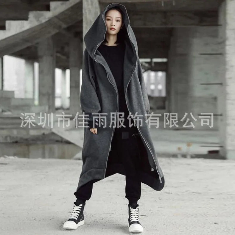 Oversized S-5XL Women Loose Add Velvet Hooded Coats Autumn Winter Long Lantern Sleeve Solid Zip Up X-Long Sweatshirt Overcoats