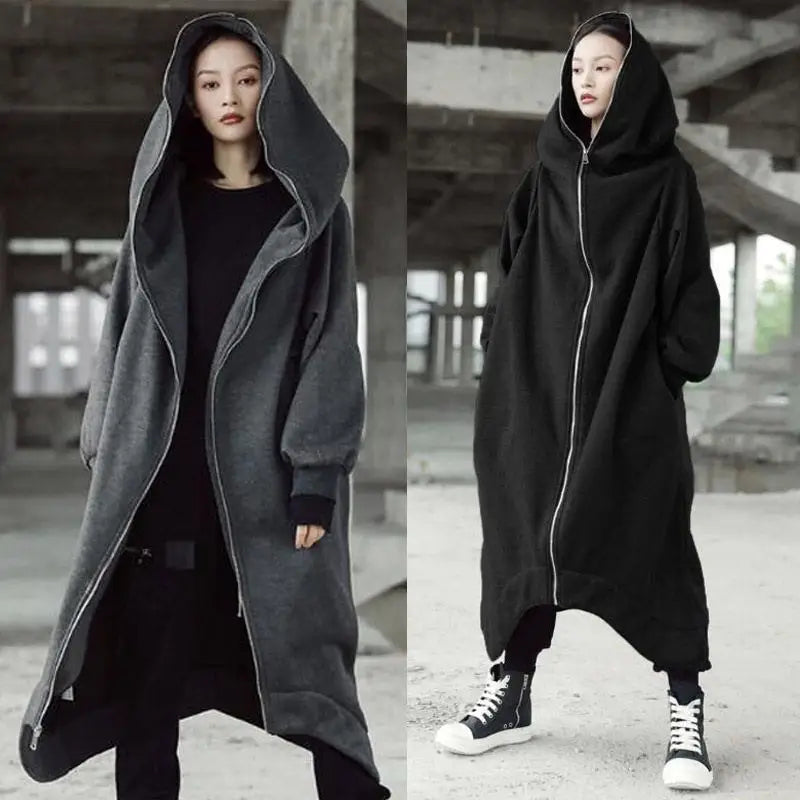 Oversized S-5XL Women Loose Add Velvet Hooded Coats Autumn Winter Long Lantern Sleeve Solid Zip Up X-Long Sweatshirt Overcoats